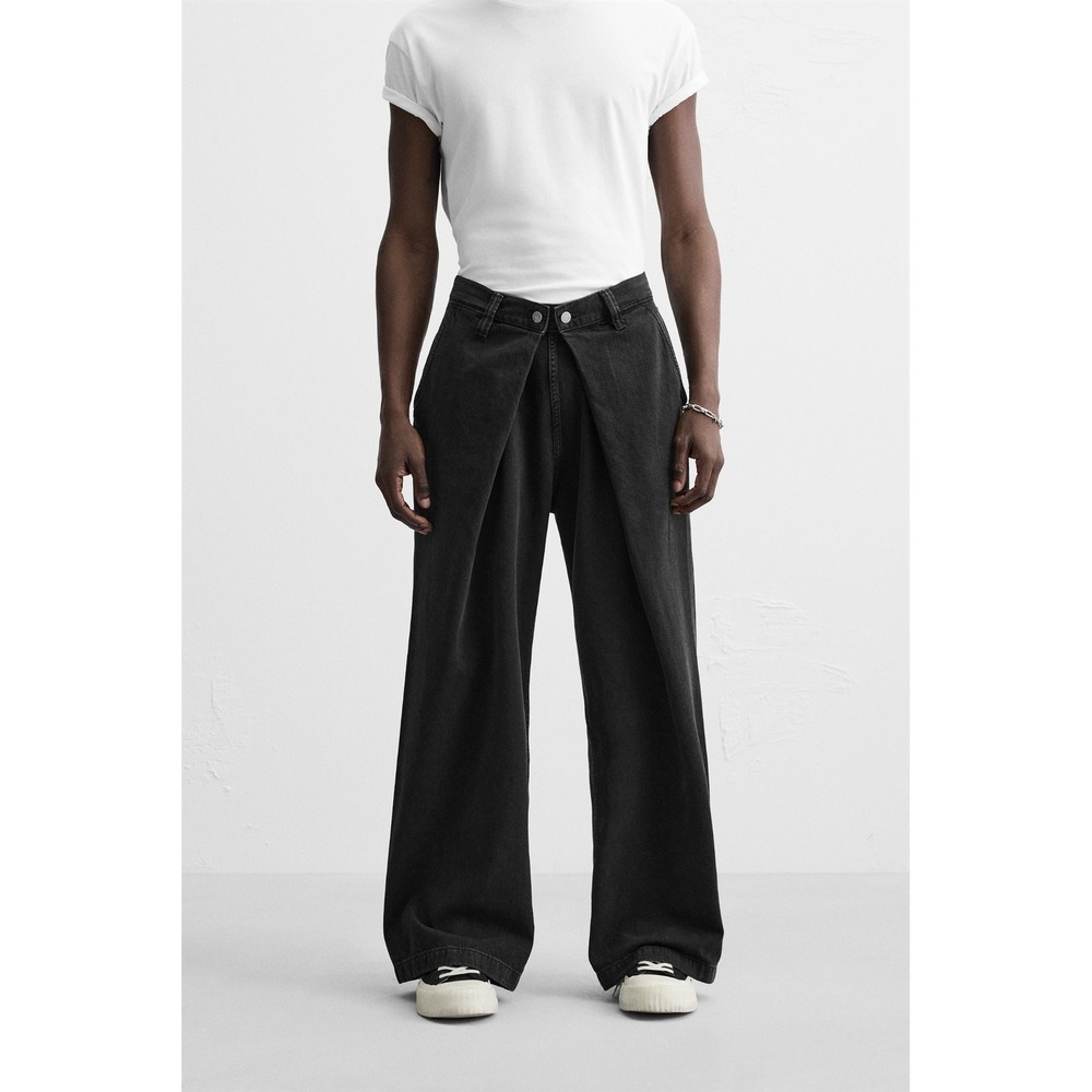ZARA Baggy Jeans Mens 30 Black Wide Leg Fold Waist Pleated Denim Relaxed Unisex